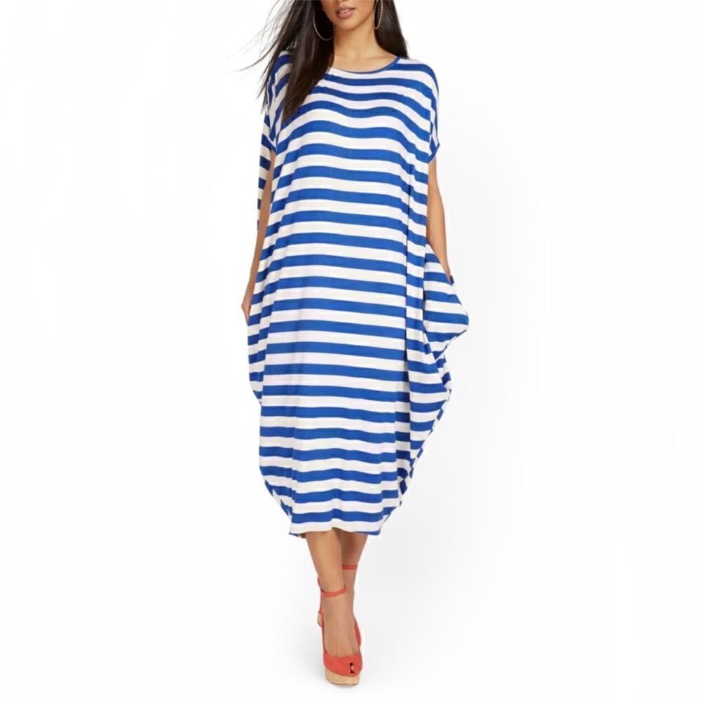 New York & Company Striped Cocoon Midi Dress Blue White Short Sleeve Medium‎